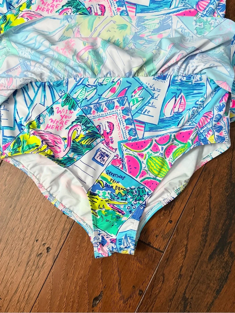 Lilly Pulitzer Kids One-Piece Swim Suit with Ruffle - Greetings from Palm Beach